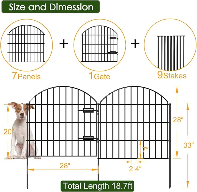 Metal Garden Fence with Gate 28in (H) x 18.7ft (L), 1 Gate + 7 Panels Dog Fence Border Fence Animal Barrier, No Dig Garden Fencing for Yard Flower Bed Lawn Patio Outdoor, ECG2829 Black