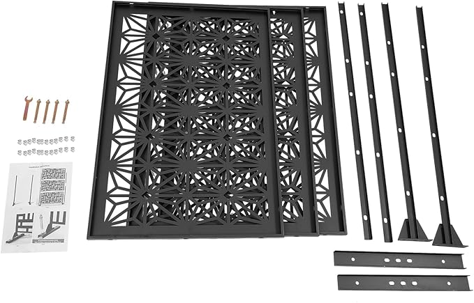 75" H×35" W Decorative Outdoor Privacy Screen with Stand, Outdoor Decor Privacy Fence Screen Metal Fence Panels, Free Standing Metal Divider for Patio Lawn Deck (Black-Snowflake)