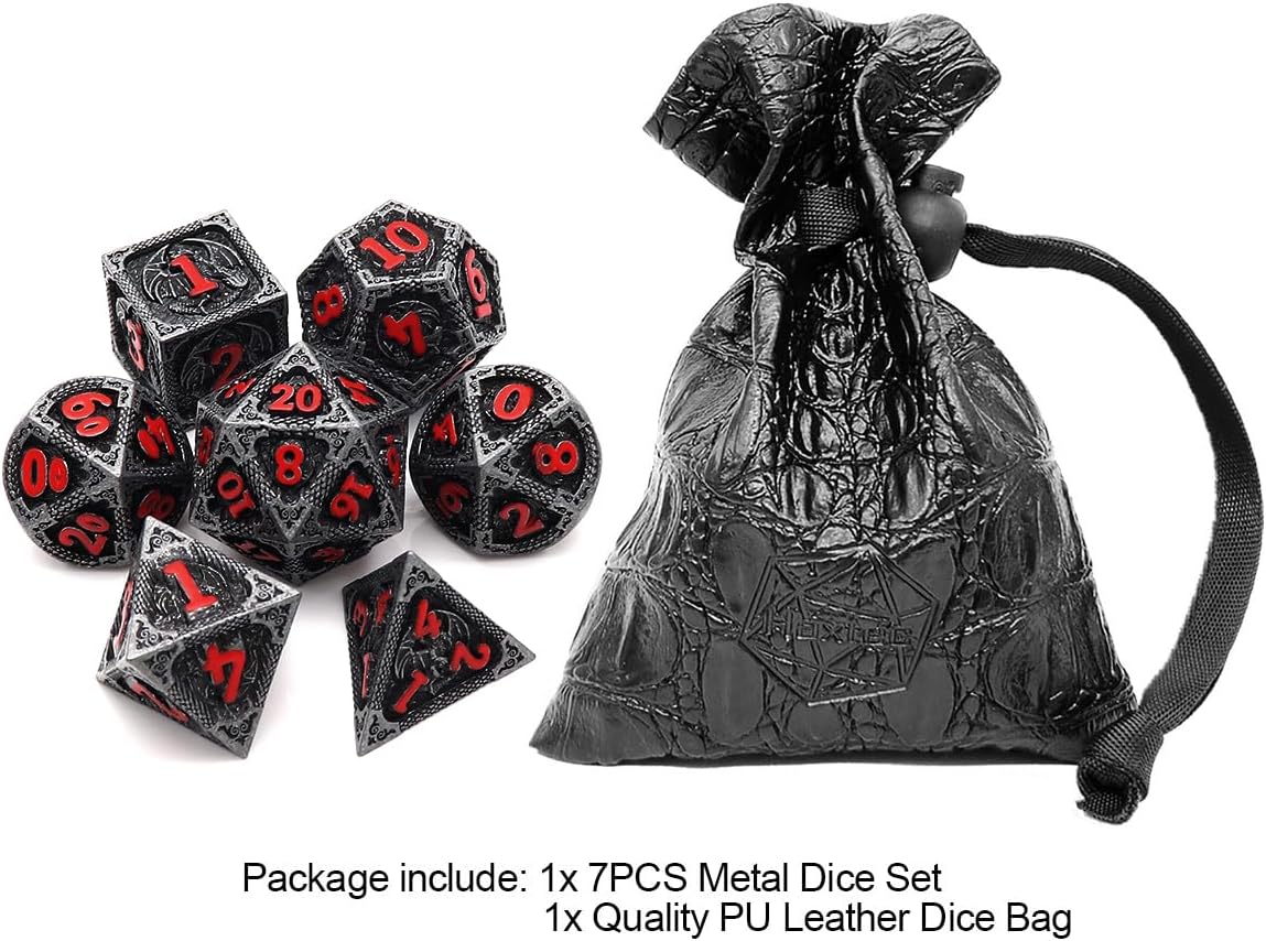 Haxtec Metal DND Dice Set Black Red Dragon D&D Dice Set with Leather Dice Bag Metal Polyhedral Dice Compatible with Dungeons and Dragons Gifts TTRPG Dice