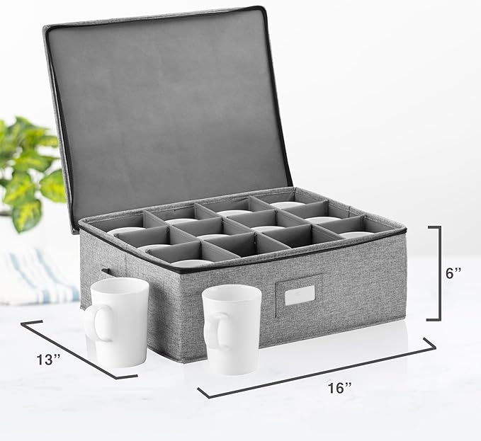 Cup Storage Container - 16" x 13" x 6"H - Holds 12 Coffee Cups - Tea Cups - Mugs - Hard Shell and Stackable - Includes Insert Card for Labeling and Padded Dividers