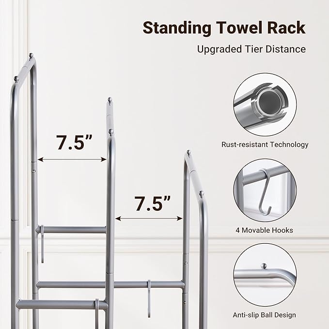 ELYKEN 40'' Tall Standing Towel Racks, 3 Tier Towel Drying Rack Outdoor, Pool Towel Stand Blanket Holder with Shelf & 4 Removable Hooks, Metal Freestanding Towel Racks for Bathroom, Smooth Silver