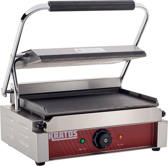 Kratos Commercial Electric Panini Sandwich Grill with Smooth Plates, 14" x 9" Cooking Surface, Commercial Countertop Panini Press, 120V, 1750W (29Y-021)
