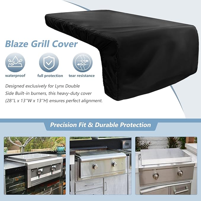 Cover for Lynx Double Side Burner Built-in,Heavy Duty 600D Waterproof Outdoor Grill Burner Cover with Plush Lining,28''L x 13''W x 13''H,Black