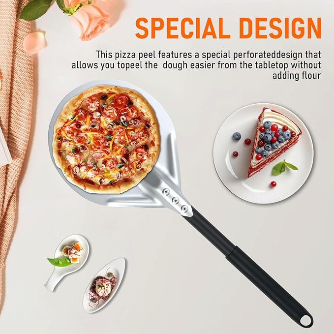 Perforated Pizza Peels 6 INCH pizza spatula paddle Long Handle Metal Pizza Spatula for Indoor and Outdoor (12inch extension)