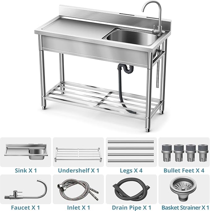 Stainless Steel Sink, Free Standing Kitchen Sink with Countertop Workstation, Utility Sinks Single Bowl with Cold and Hot Water Pipe Indoor Outdoor (47 Inch)