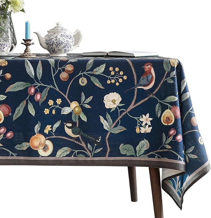 Linen Table Cloth Rectangle,Wrinkle Resistant French Blue Tablecloth Print with Froal,Decor Stitch Table Cloth for Thanksgiving,Dining Room,Home,Kitchen 55" × 87"-DeweyA Blue