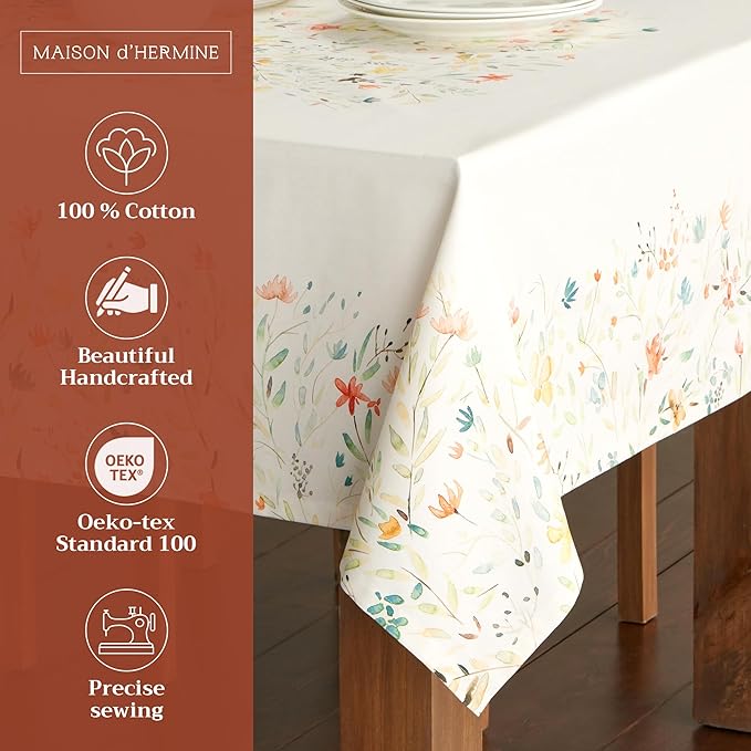 Maison d' Hermine Table Cloth Rectangle Table 100% Cotton 70 x 90 Inches Tablecloth Reusable Decorative Everyday Use for Dining Room, Farmhouse, Home, Party, Festive & Wedding Spring Summer - Colmar