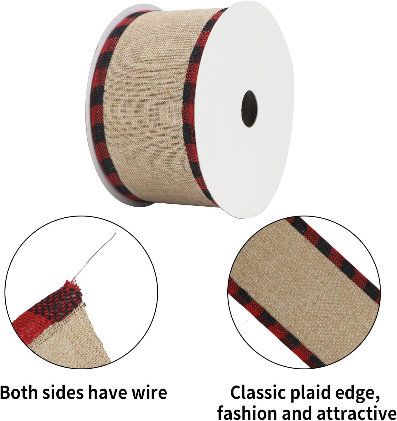 MEEDEE Burlap Christmas Ribbon Wired Burlap Ribbon 2.5 Inch 10 Yards Fall Burlap Ribbon with Red and Black Buffalo Check Edging Wired Plaid Burlap Ribbon for Christmas Tree, Wreath Making