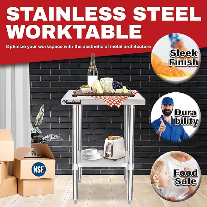 DuraSteel 24x18 Stainless Steel Work Table - NSF Commercial Prep Metal Table - Outdoor Pizza Oven Stand w/Under Shelf - Kitchen Island Laundry Utility Garage Microwave Stand Large Rolling Storage Cart