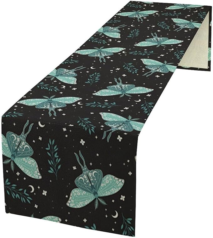 Butterfly Moth Table Runner, Boho Moon Green Leaves Plant Print Table Runner for Farmhouse Kitchen Dining Table Holiday Party Home Decor 13x120in