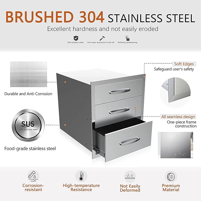 Outdoor Kitchen Drawers, Box Frame Style Flush Mount BBQ Drawer w/Stainless Steel Handle, BBQ Island Drawers For Patio Grill Station,Three Drawers