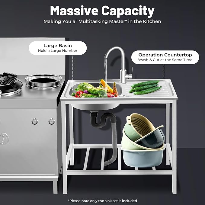 Portable Outdoor Utility Sink, Free Standing Single Bowl Kitchen Sink with Storage Shelf Faucet Operation Countertop, Commercial Stainless Steel Sink Adjustable Support Feet (30X16X30in)