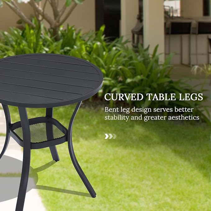 VICLLAX 27.5" Outdoor Round Patio Table for Lawn Garden, All Weather Metal Round Patio Dining Table with Storage Shelf, 2 Person Small Patio Table, Black Tabletop