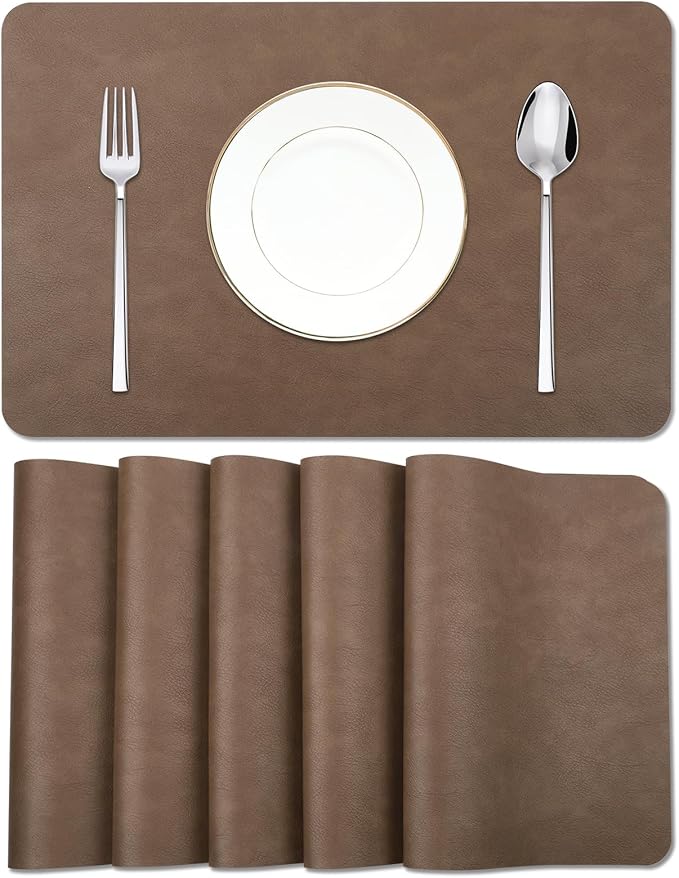 Cowhide Pattern Faux Leather Placemats Set of 6,Heat Resistant Non-Slip Waterproof Wipeable Washable Kitchen Dining PU Table Place Mats,Double-Sides Available,Dark Brown