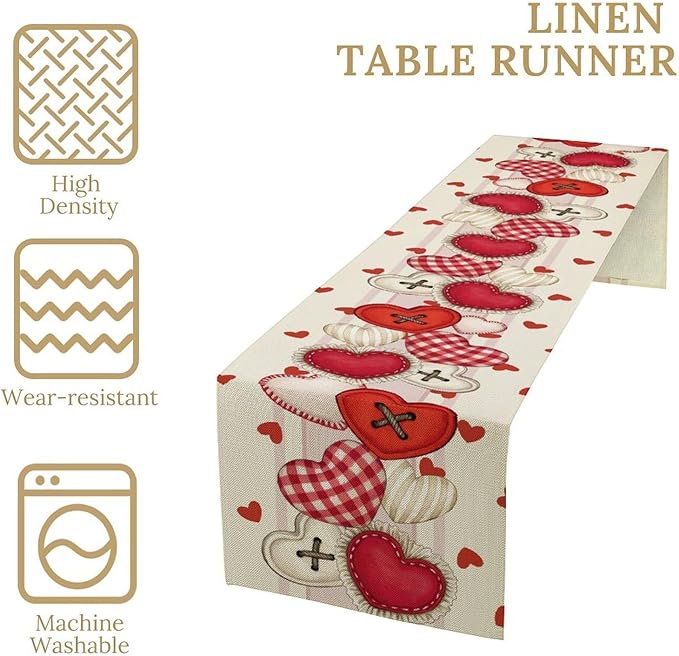 Valentines Day Table Runner,Rustic Red Heart Buttons Runner for Table Seasonal Romantic Decor for Indoor Outdoor Dining Table Decorations, 13"x108"