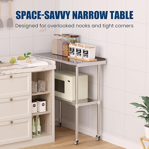 Stainless Steel Table with Wheels 18 x 36 Inches Metal Prep Table with Backsplash & Caster, Adjustable Undershelf for Commercial Kitchen, Outdoor, Restaurant, Hotel & Garage