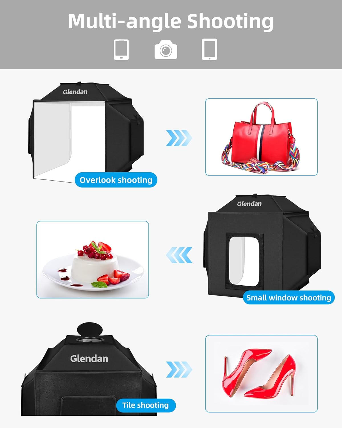 Glendan Upgrade Professional Portable Photo Studio Light Box with 1222 LED Lights, 20"x20" Soft Box, 4 Color PVC Backdrops for Jewelry and Product Photography