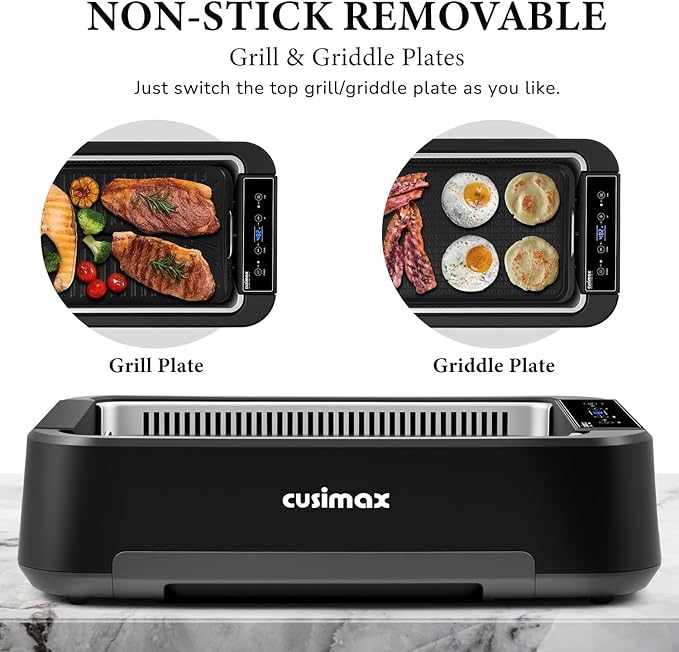 Indoor Grill, CUSIMAX Electric Smokeless Grill & Griddle with REPLACEABLE Smoke Filter Sponge, 1500W Korean BBQ Grill, Smart LED Display, Larger Grilling Area, Black(New Model)