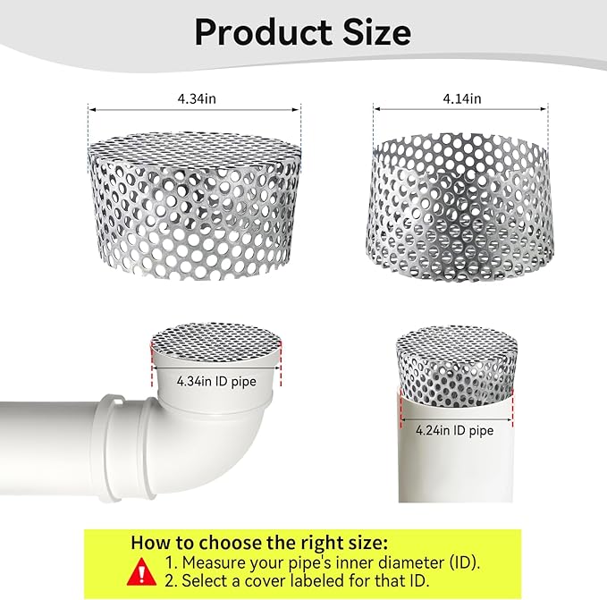PVC Termination Cap Vent Cover, Stainless Steel Mesh Screen Vent Cover Slot for 4.24" to 4.34" ID Furnace and Roof Vent Pipe, Conical Vent Cap Rust preventing Leaves Debris, Birds Entering