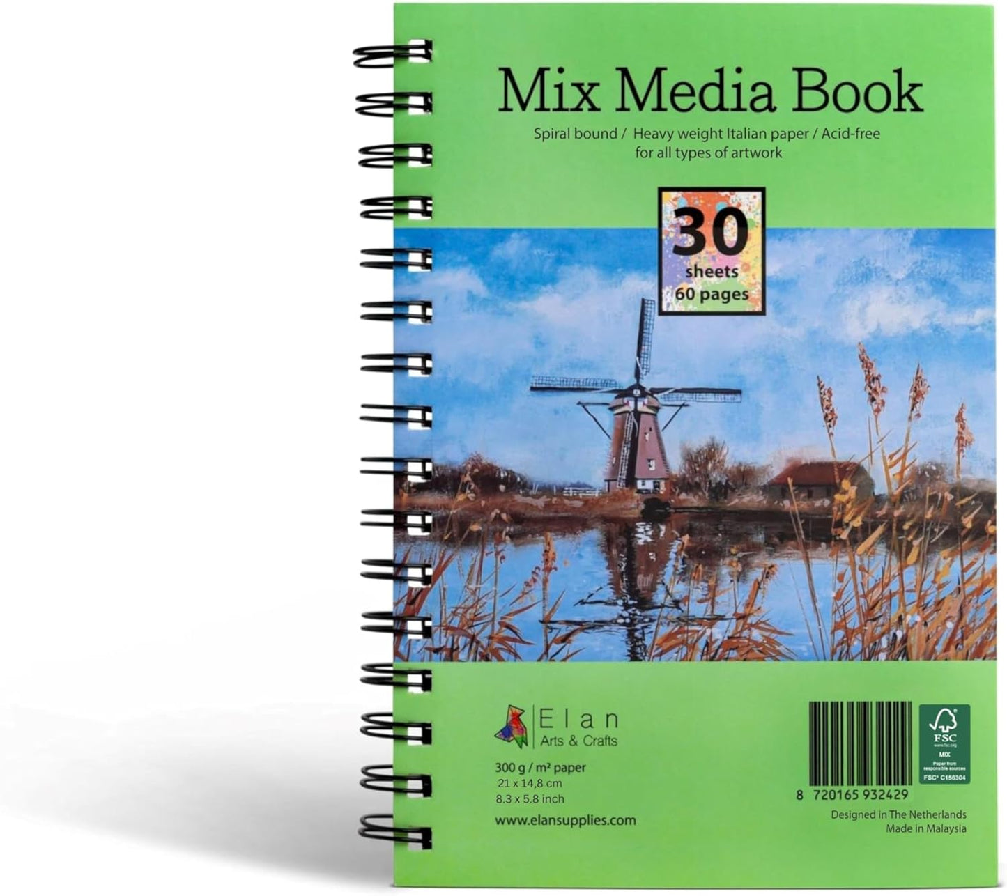 Elan A5 Mixed Media Journal, 30 Sheets Italian Paper 110 lb/250 GSM, Acid-Free Mixed Media Sketchbook 8.3x5.8 Inch, A5 Sketchbook Spiral Bound