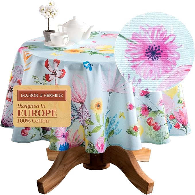 Maison d' Hermine Table Cloth Round Table 100% Cotton 63 Inches Tablecloth Reusable Decorative for Dining Room, Farmhouse, Home, Party, Festive & Wedding Spring Summer - Jardin D'Ete - Mint