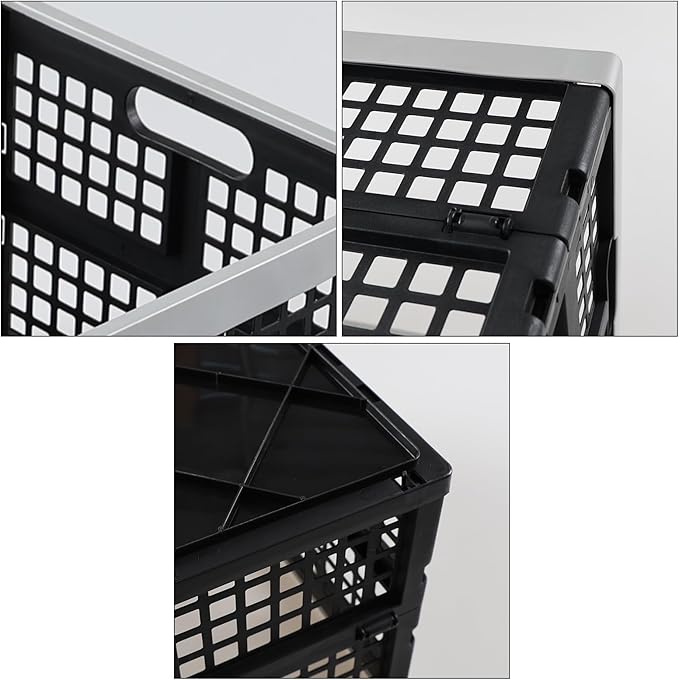 3 Pack 42 L Large Plastic Collapsible Storage Crates, Stackable Folding Milk Crate, Black
