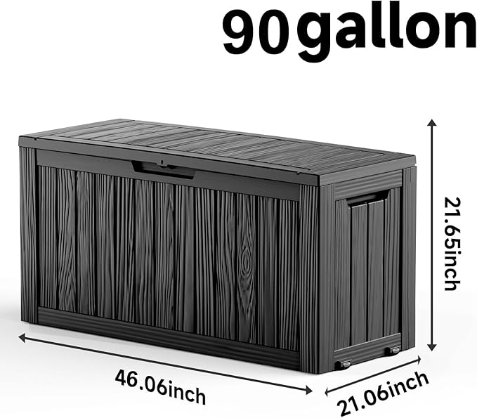 EasyUp 90 Gallon Outdoor Deck Box Waterproof, UV Resistant Resin Outdoor Storage Box for Delivery, Porch, Patio and Garden, Black