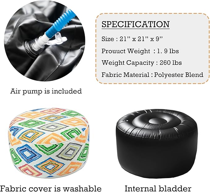 Kozyard Inflatable Ottoman Stool - Portable Round Pouf for Indoor/Outdoor Use - Perfect Small Foot Rest or Seating for Kids and Adults - Ideal for Camping or Home (Funhouse)