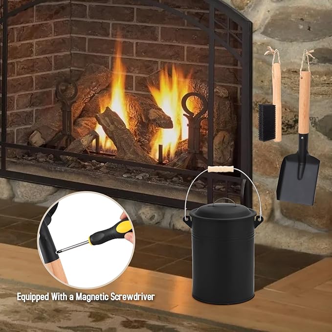 FEED GARDEN 2.5 Gallon Ash Bucket with Lid,Shovel,Broom and Screwdriver,Bucket Ash Can for Fireplace Fire Pits,Wood Stoves,Fireplace Galvanized Iron Bucket,Pellet Charcoal,Indoor Outdoor，Black