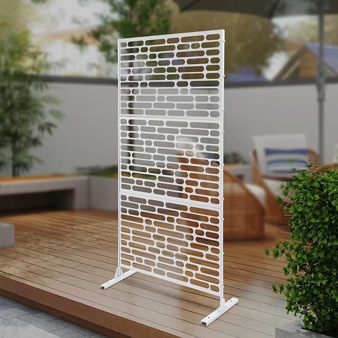 Outdoor Metal Privacy Screen with Stand, 35.4" W x 75" H Freestanding Metal Slatted Decorative Privacy Screen and Panels for Patio Garden Balcony Porch (White Rounded Rectangle)