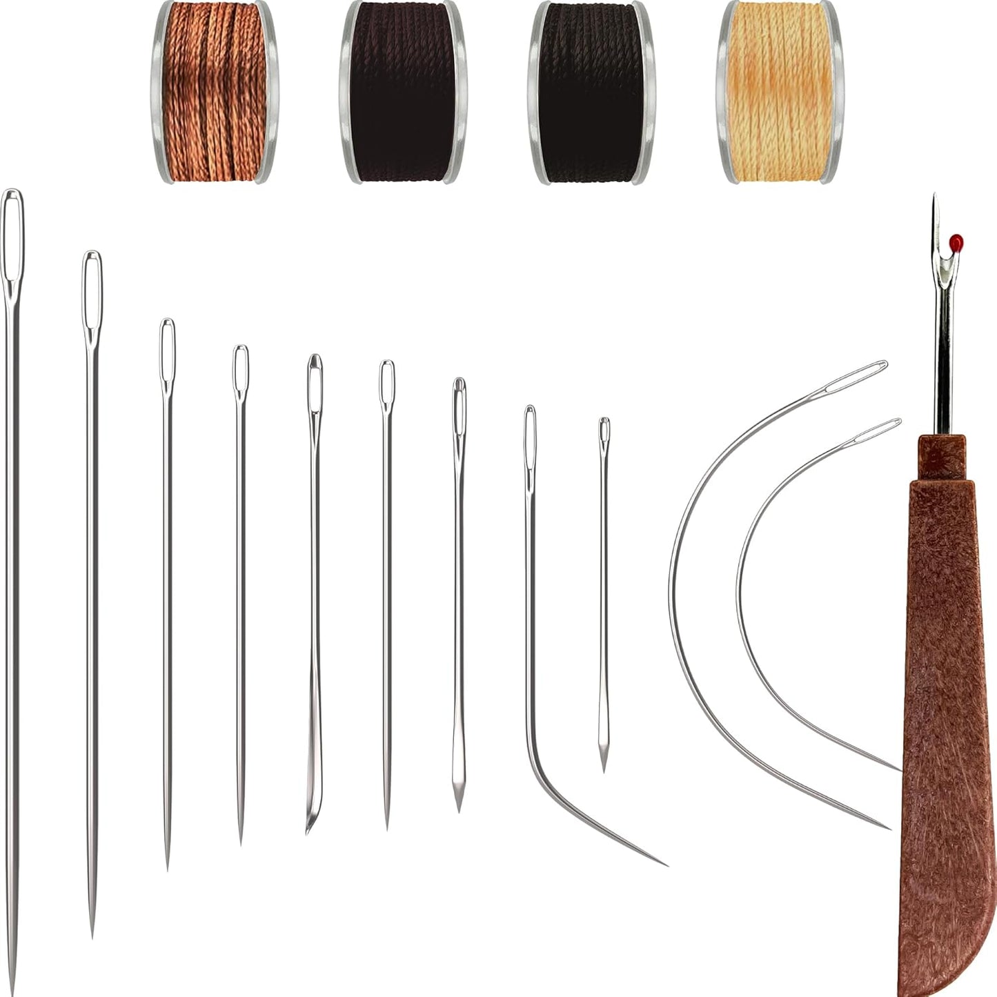 VONEEDL Heavy Duty Sewing Needles (11 PCS) & Waxed Thread (4 Different Brown Colors) - Upholstery Repair Kit for Leather, Canvas, Quilting & More
