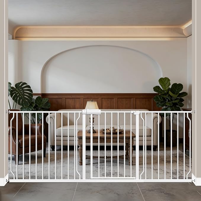 WAOWAO Baby Gate 76.38-81.07" Extra Wide Pressure Mounted Walk Through Swing Auto Close Safety White Metal Toddler Kids Child Dog Pet Puppy for Stairs,Doorways,Kitchen