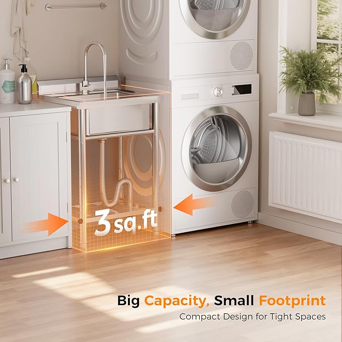23"W Compact Utility Sink 18/8 Stainless Steel Portable Ergonomic Sinks with 4-Height Adjustable & 360° Swivel Faucet Laundry Room Kitchen Garage Outdoor BBQ RV Basement Hobby Room Bathroom