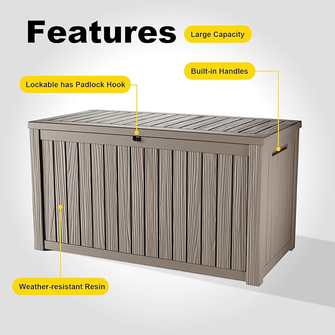 200 Gallon Large Deck Box,Resin Outdoor Storage Box with Lockable for Patio Furniture, Garden Tools Waterproof Outside Storage Box, Grey