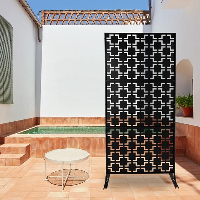 75" H×35" W Decorative Outdoor Privacy Screen with Stand, Outdoor Decor Privacy Fence Screen Metal Fence Panels, Free Standing Metal Divider for Patio Lawn Deck (Black-Square)