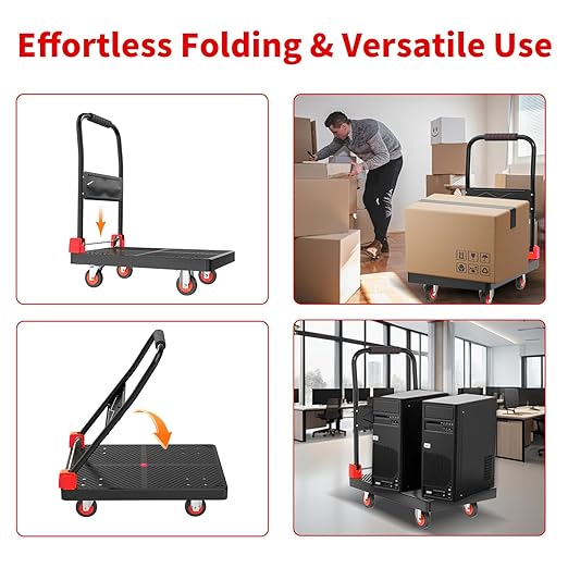 Push Cart Dolly - Foldable Heavy - Duty Flatbed Platform Cart with 360 - Degree Rotating Wheels for Moving in Food Truck and Trailer, Load Capacity 330 lbs, Black Red
