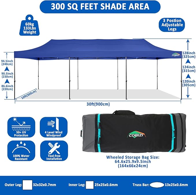 COBIZI 10x30 Pop up Canopy Tent 10x30 Canopy No Sidewall Waterproof Heavy Duty Commercial for Parties Outdoor Garden Gazebo Tent, Carry Bag with Wheel(10x30ft No Sidewalls, Dark Blue)