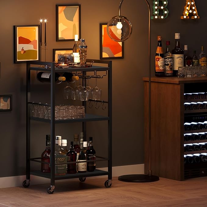 TUTOTAK Bar Cart, Home Bar Serving Cart, Microwave Cart, Drink Cart, Mobile Kitchen Shelf with Wine Rack and Glass Holder, Rolling Beverage Cart Living Room, Kitchen, Black BC01BK032