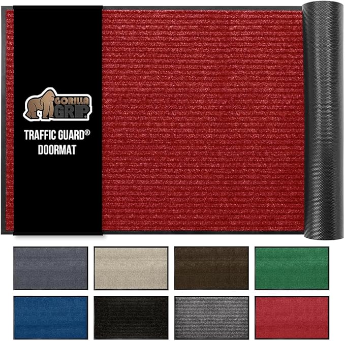 GORILLA GRIP Waterproof Traffic Guard Door Mat, Heavy Duty Entryway Mats, Strong Rubber Back Commercial Utility Rugs for Office Hallway, Garage Floor and Home, Low Profile Carpet Runner, 29x17, Red