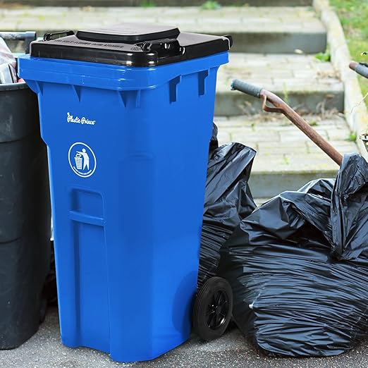 32 Gallon Trash Can Outdoor Recycling Bin with Lid and Wheels Heavy Duty Rolling Garbage Can with Lid Blue Recycle Trash Can with Wheels for Warehouse Hospital Restaurant Office