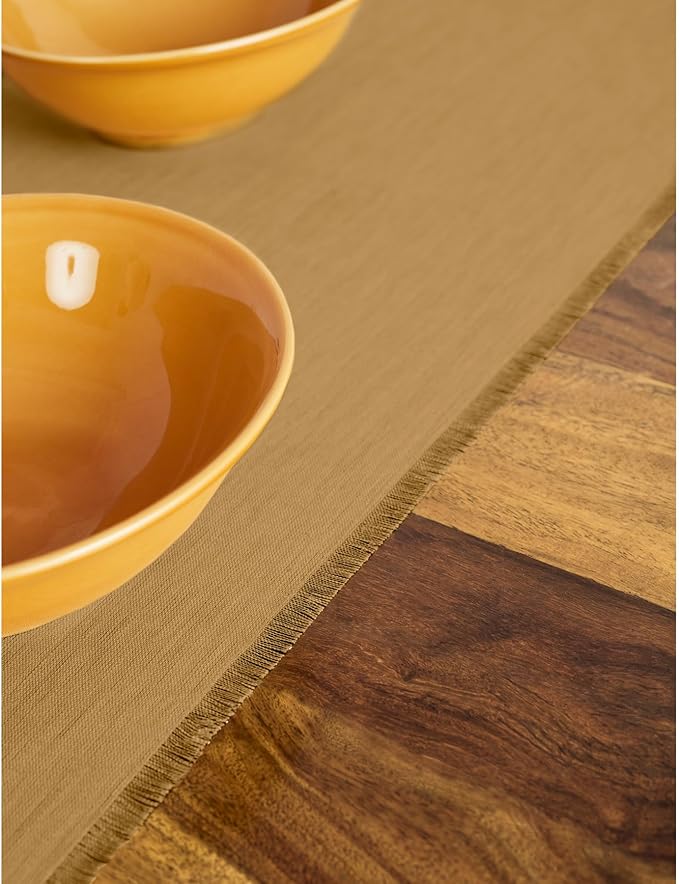 Solino Home Fringe Linen Table Runner 108 Inches Long - 100% Pure Linen Camel Dining Table Runner 14 x 108 Inch