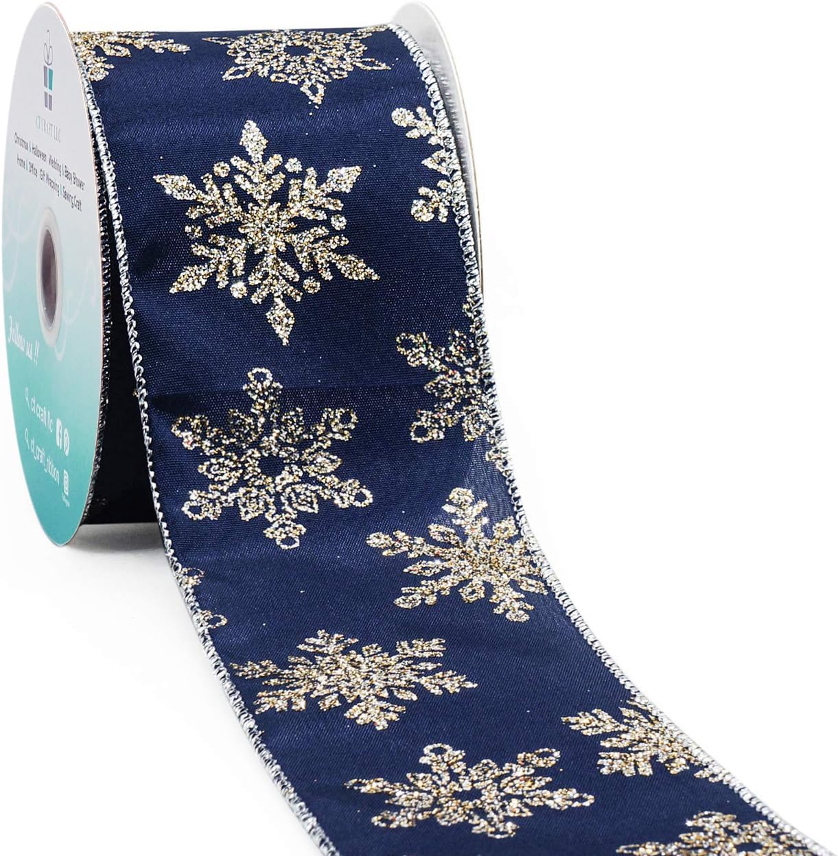CT CRAFT LLC Navy Satin Gold Snowflake Wired Ribbon 2.5 Inch x 10 Yards for Christmas Home Decor Tree Topper Bow Gift Wrapping DIY Crafts Wreath Garland