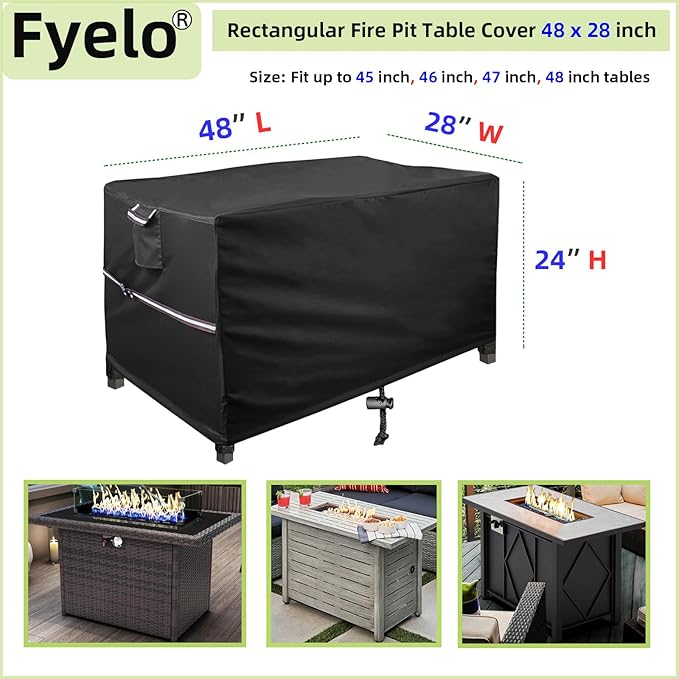 48 x 28 Inch Rectangular Fire Pit Cover for 45-48 Inch Outdoor Gas Fire Pit Tables, Waterproof 600D Heavy Duty Patio Firepit Table Cover UV Resistance, Black
