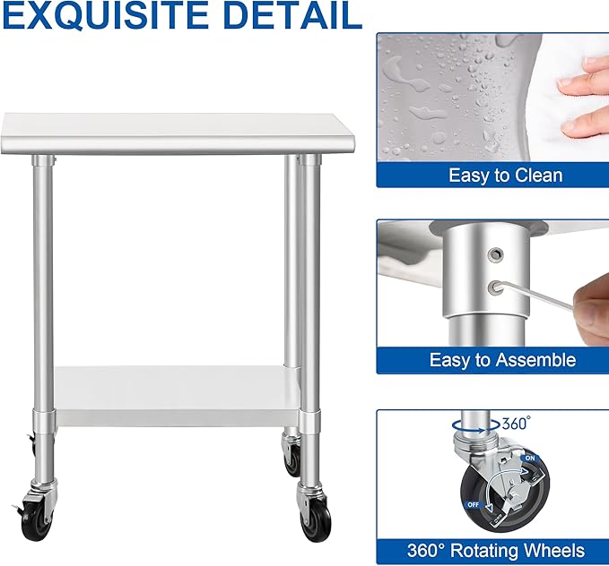 HARDURA Stainless Steel Commercial Table Prep & Work Table with Casters Heavy Duty Metal Table with Wheels NSF 430 18×36 Inches
