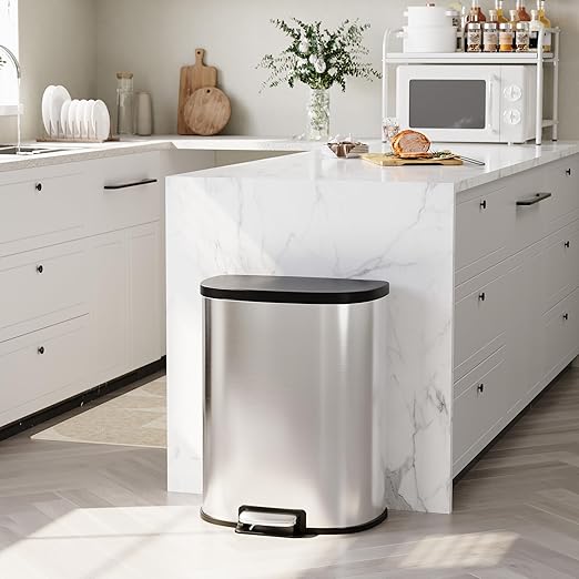 Garvee Stainless Steel Trash Can, 50 L/13 gal Hands Free Garbage Can with Soft Close Lid and Foot Pedal, Metal Kitchen Waste Bin with Inner Bucket for Living Room, Office, D Shape, Silver