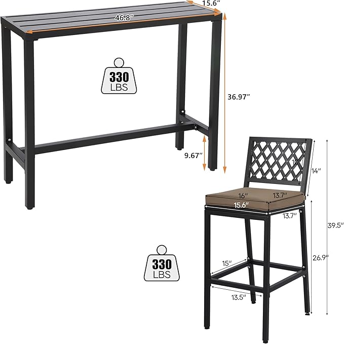 Outdoor Patio Bar Set, Bar Height Patio Dining Set, Weather-Resistant Bistro Counter Pub Set with Cushions & Slatted Tabletop for Backyard, Garden, Yard (47" Table, 2 "X Style Stool, Black)
