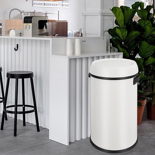 GarveeHome 17 gal/65 L Swing Top Trash Can, Stainless Steel Rubbish Bin, Commercial Grade Waste Container, Round Garbage Can for Outdoor, Home Office, Restaurant, White