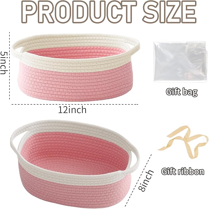 Woven Basket,Small Rope Storage Bin with Handles & Ribbon Bag, Organizer for Shelves Closets,Gift Basket Empty for Birthday,Books,Dog Toys, White&Pink