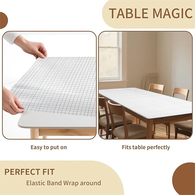 Rectangle Table Cloth Cover Waterproof Elastic Fitted Polyester Fitted Tablecloths for 8 Foot Tables for Indoor,Picnic, Camping, Outdoor （96" x 30"，White Grid）