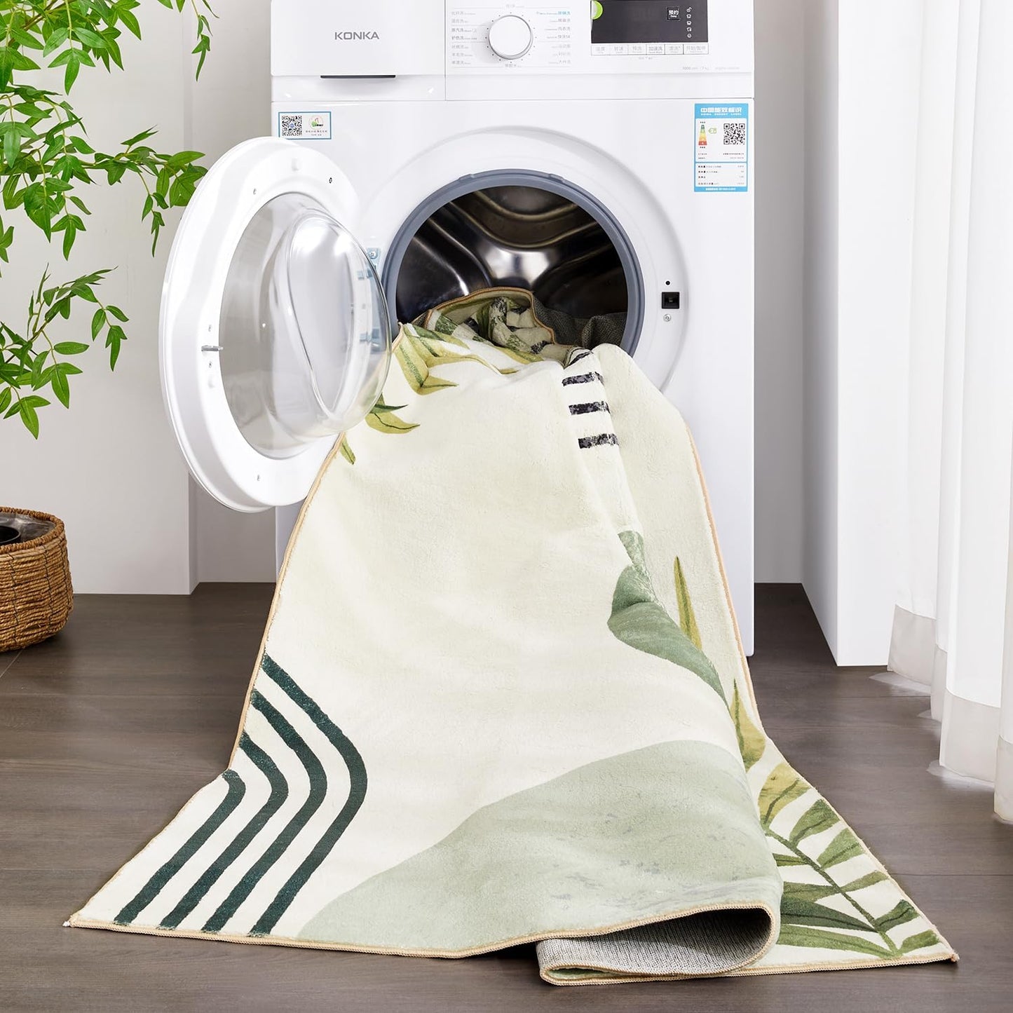 RoomTalks Mid Century Modern Washable Rug, Boho Cute Aesthetic 6x9 Area Rugs for Bedroom Dining Living Room Kitchen Office, Green Abstract Tropical Leaves Non Slip Thin Indoor Botanical Carpet